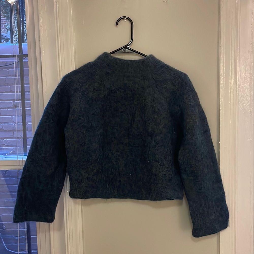 Blue Uniqlo mock neck wool sweater